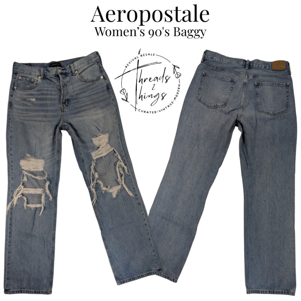 Aeropostale 90's Baggy Jeans Women Light Wash 12 Mid Rise Distressed‎ Grunge Y2k